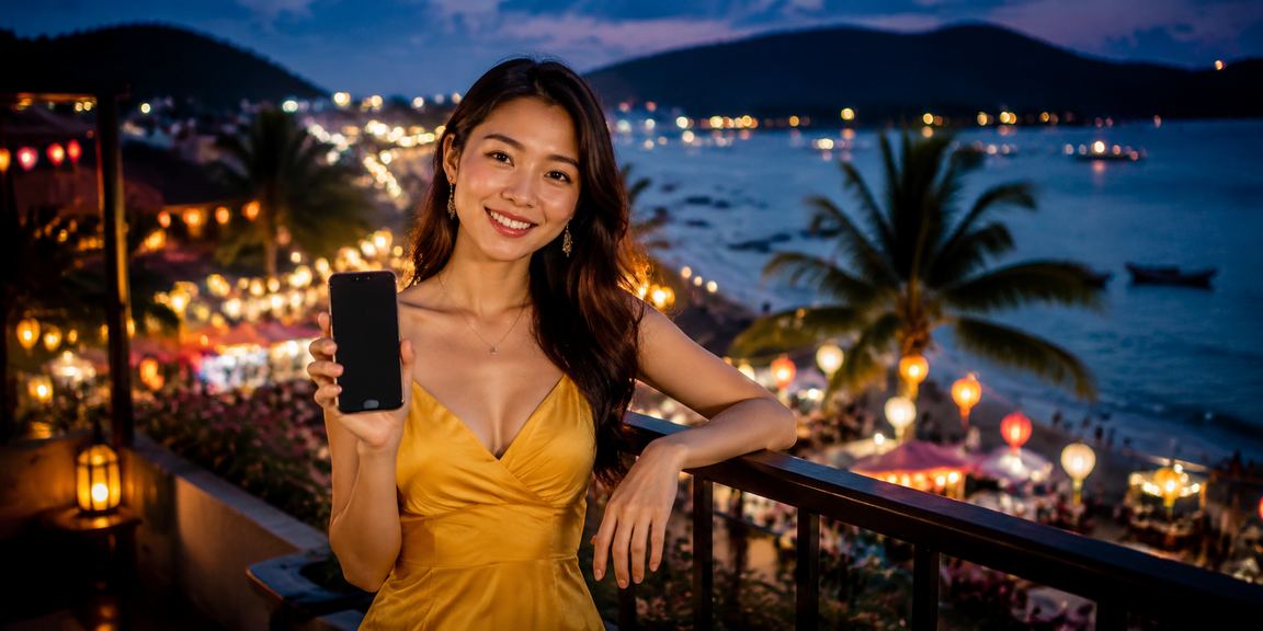 Người dùng truy cập casino trực tuyến qua điện thoại tại chợ đêm Phú Quốc